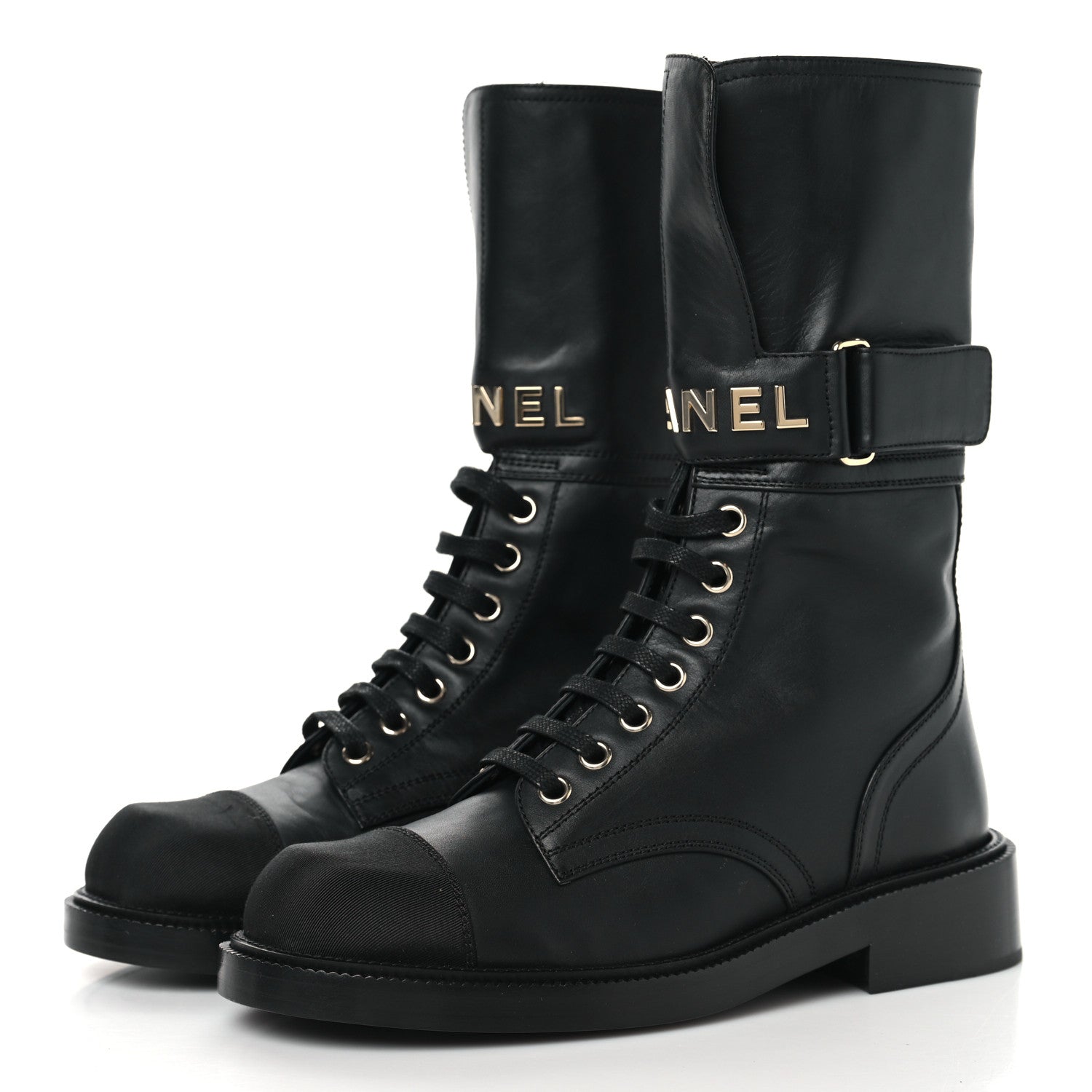 Chanel Shiny Calfskin Grosgrain Lace Up Combat Boots 36.5 Black 4 of 7