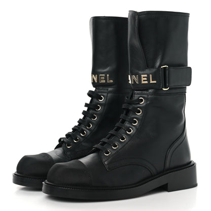 Chanel Shiny Calfskin Grosgrain Lace Up Combat Boots 36.5 Black 4 of 7