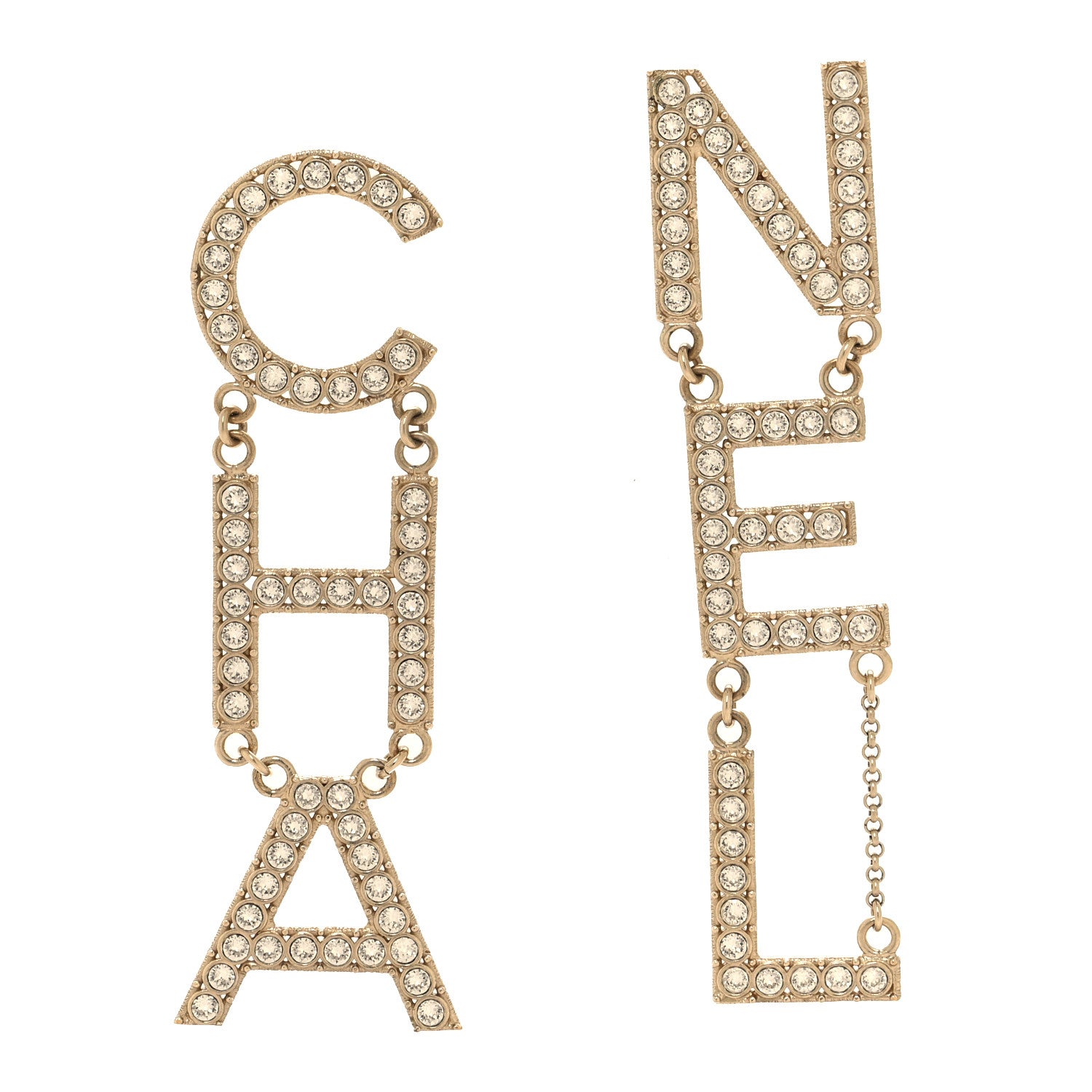 Chanel Crystal Cha-Nel Logo Drop Earrings Gold 1 of 4