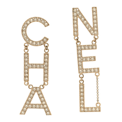 Chanel Crystal Cha-Nel Logo Drop Earrings Gold 1 of 4