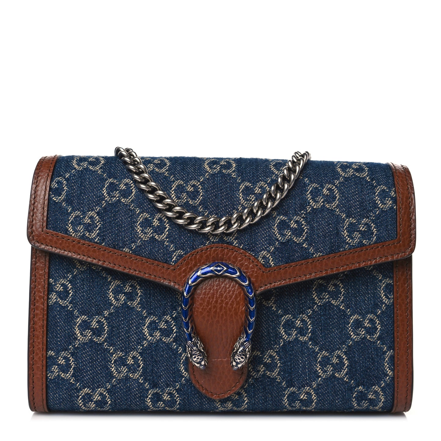 New Denim GG Monogram Dollar Calfskin Enamel Mini Dionysus Chain Wallet Blue Tea Cuir Epilog Electric Blue