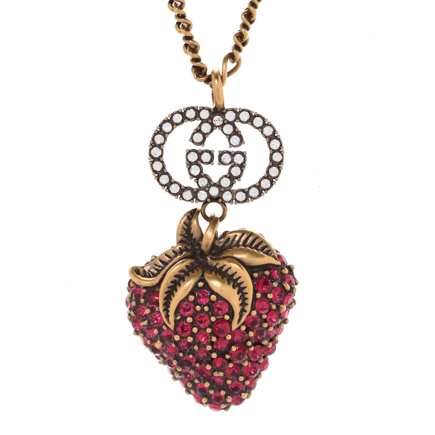 Gucci Crystal Embellished Strawberry Necklace Red Aged Gold 4 of 7