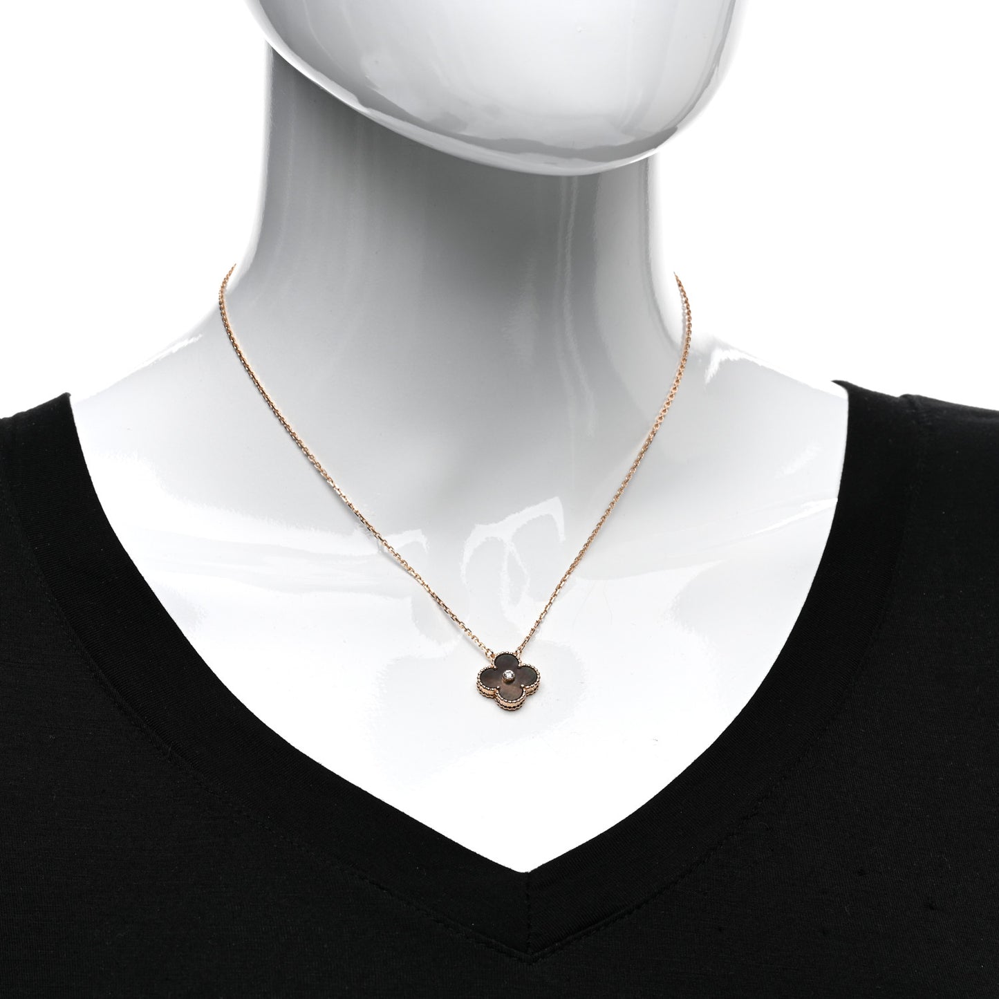 18K Rose Gold Diamond Grey Mother of Pearl Vintage Alhambra Pendant Necklace