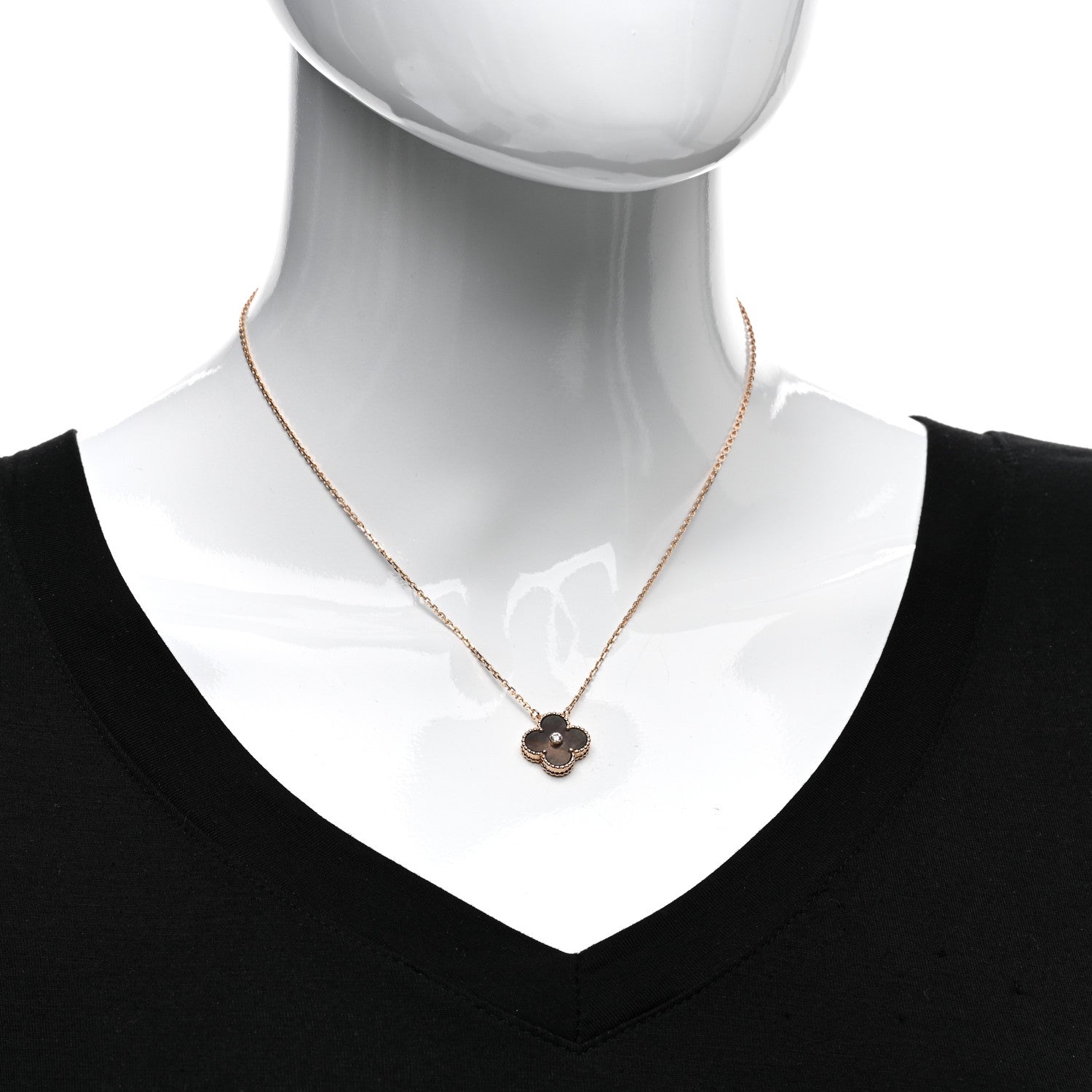 Van Cleef & Arpels 18K Rose Gold Diamond Grey Mother of Pearl Vintage Alhambra Pendant Necklace 2 of 5