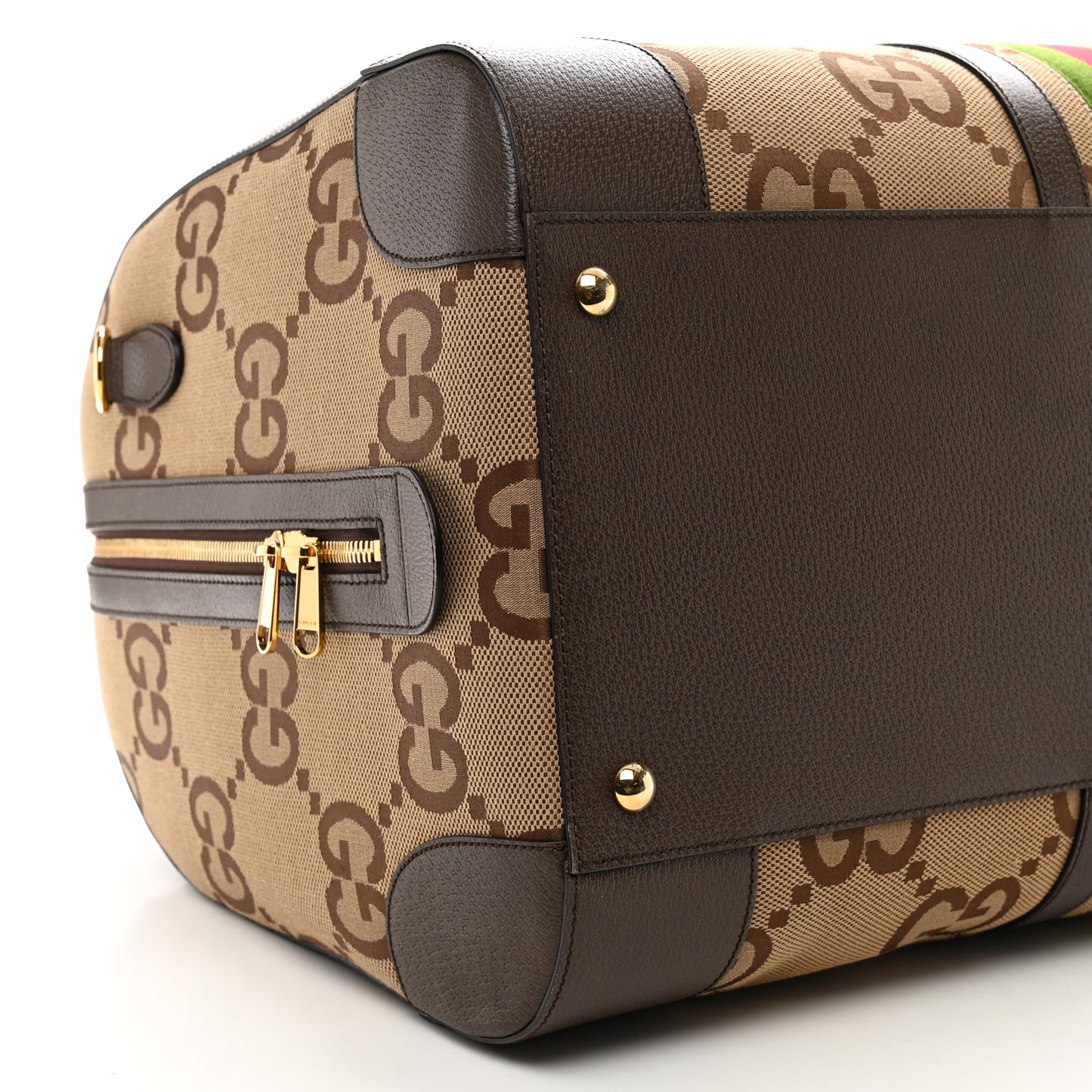 Monogram Jumbo GG Textured Dollar Calfskin Web Maxi Duffle Bag Camel Ebony