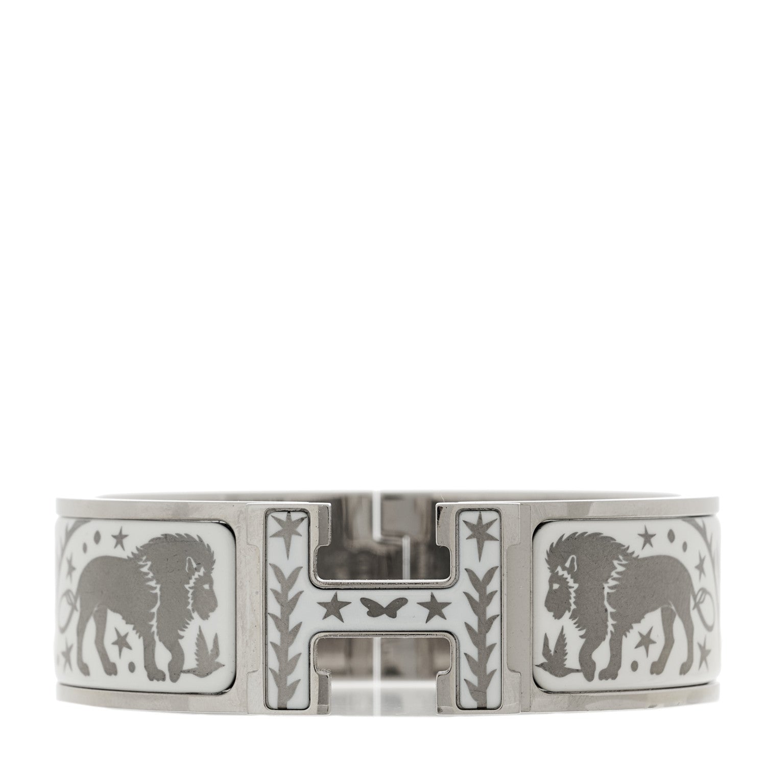 Hermes Enamel Wide Printed Sous Le Charme D Orphee Clic Clac H Bracelet Platinum White 1 of 5