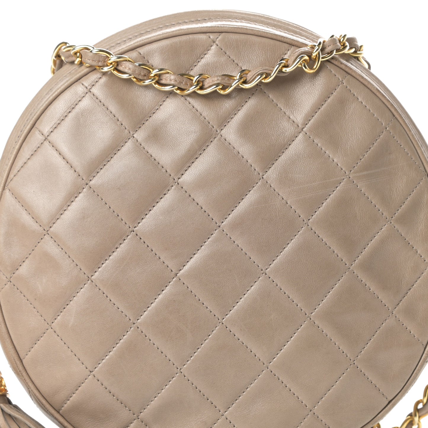 Lambskin Quilted Round Tassel Crossbody Bag Beige