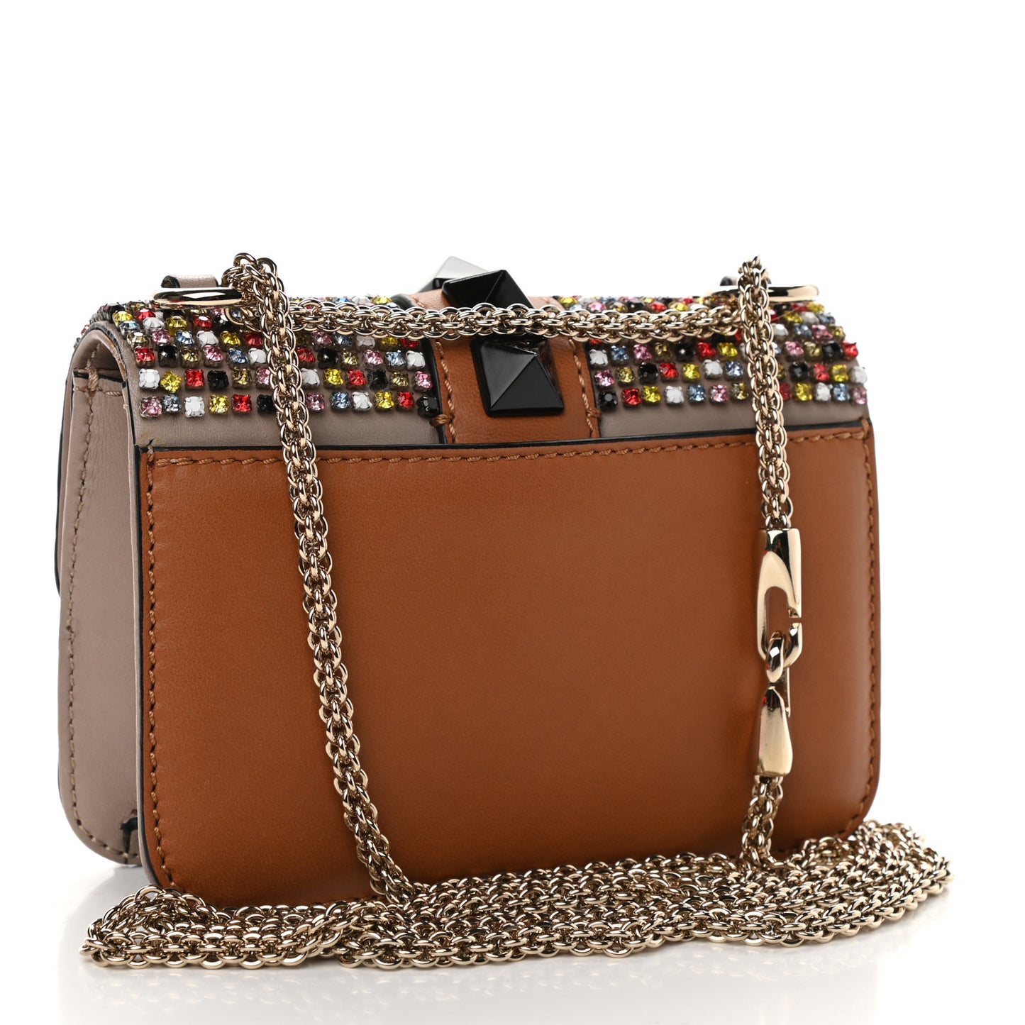Vitello Crystal Embellished Mini Glam Lock Rockstud Flap Multicolor Brown