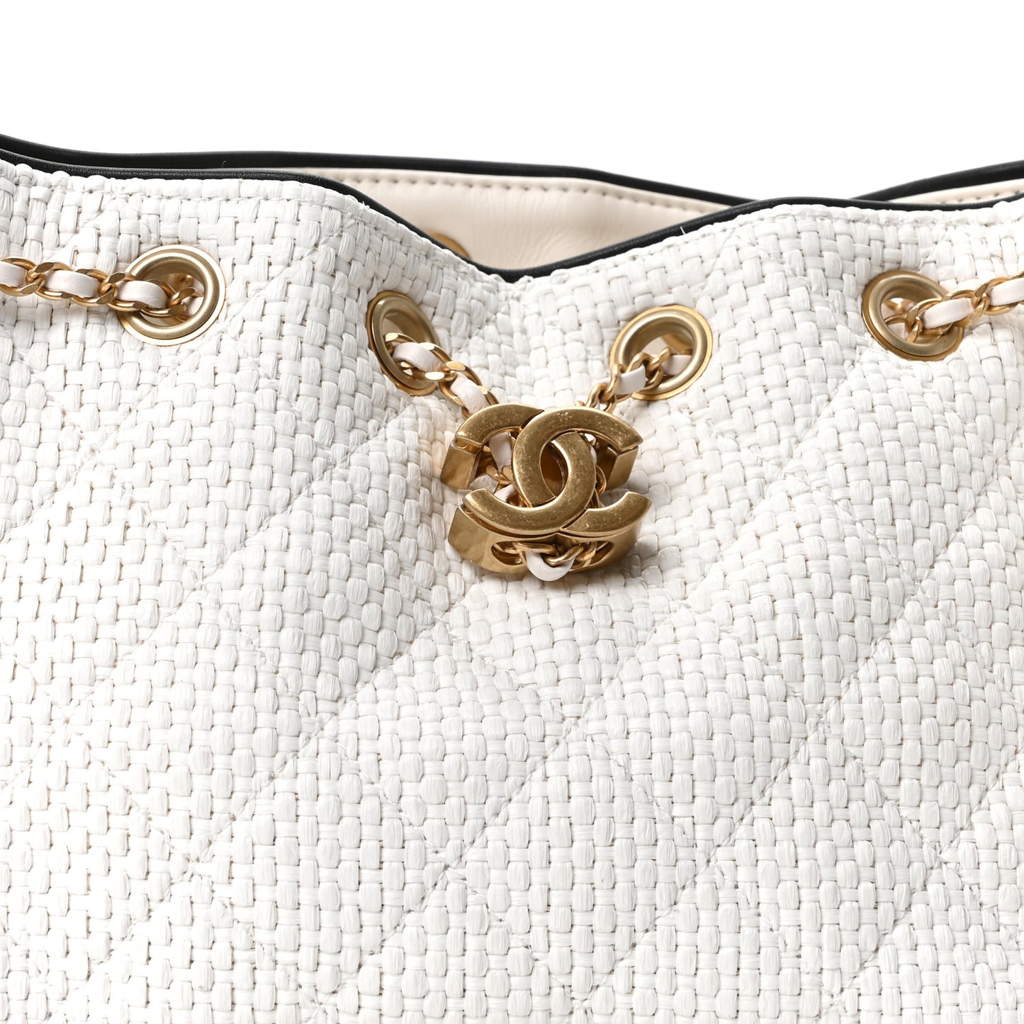 Braided Raffia Calfskin Mini Chanel 25 Handbag White Black