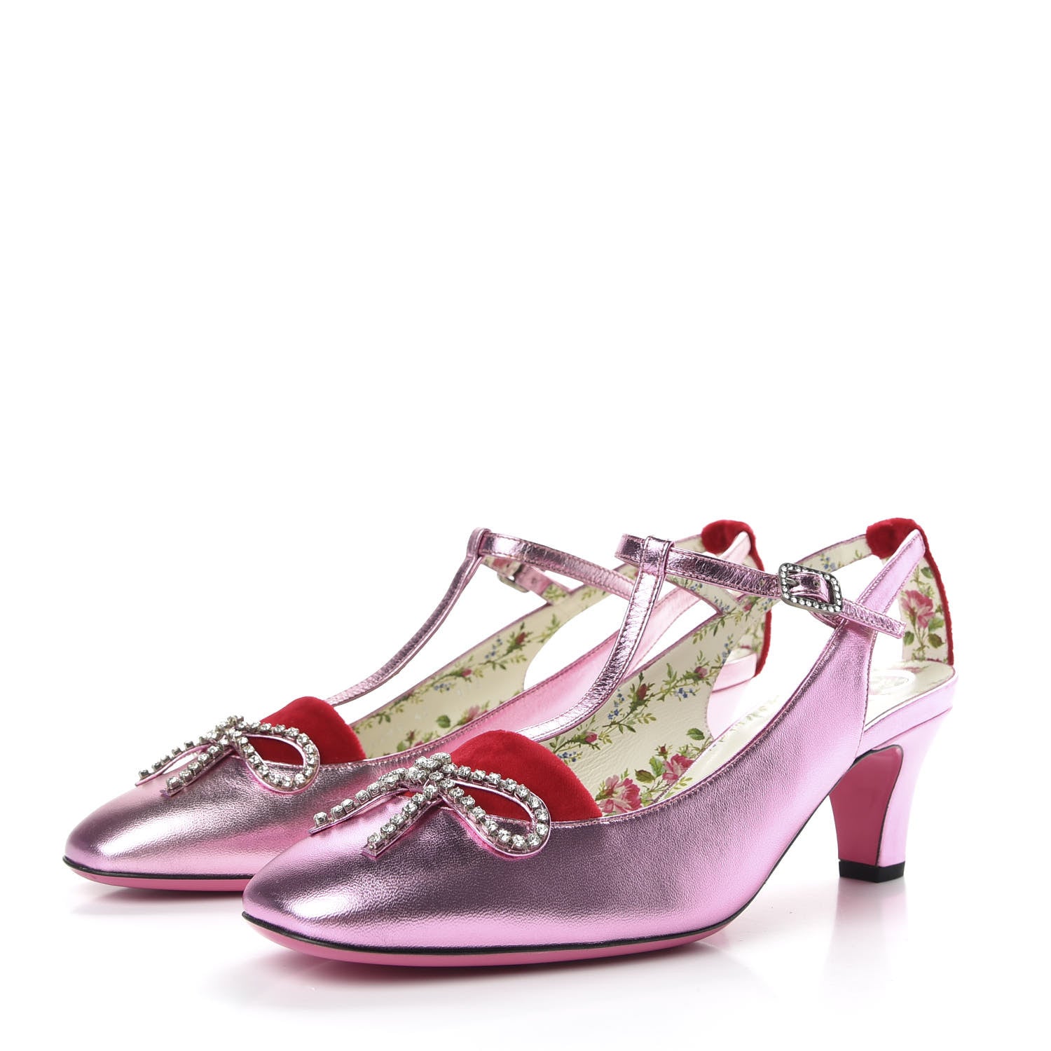 Gucci Metallic Nappa Velvet Crystal Bow Anita Pumps 40 Rosa Hibiscus Red 3 of 10