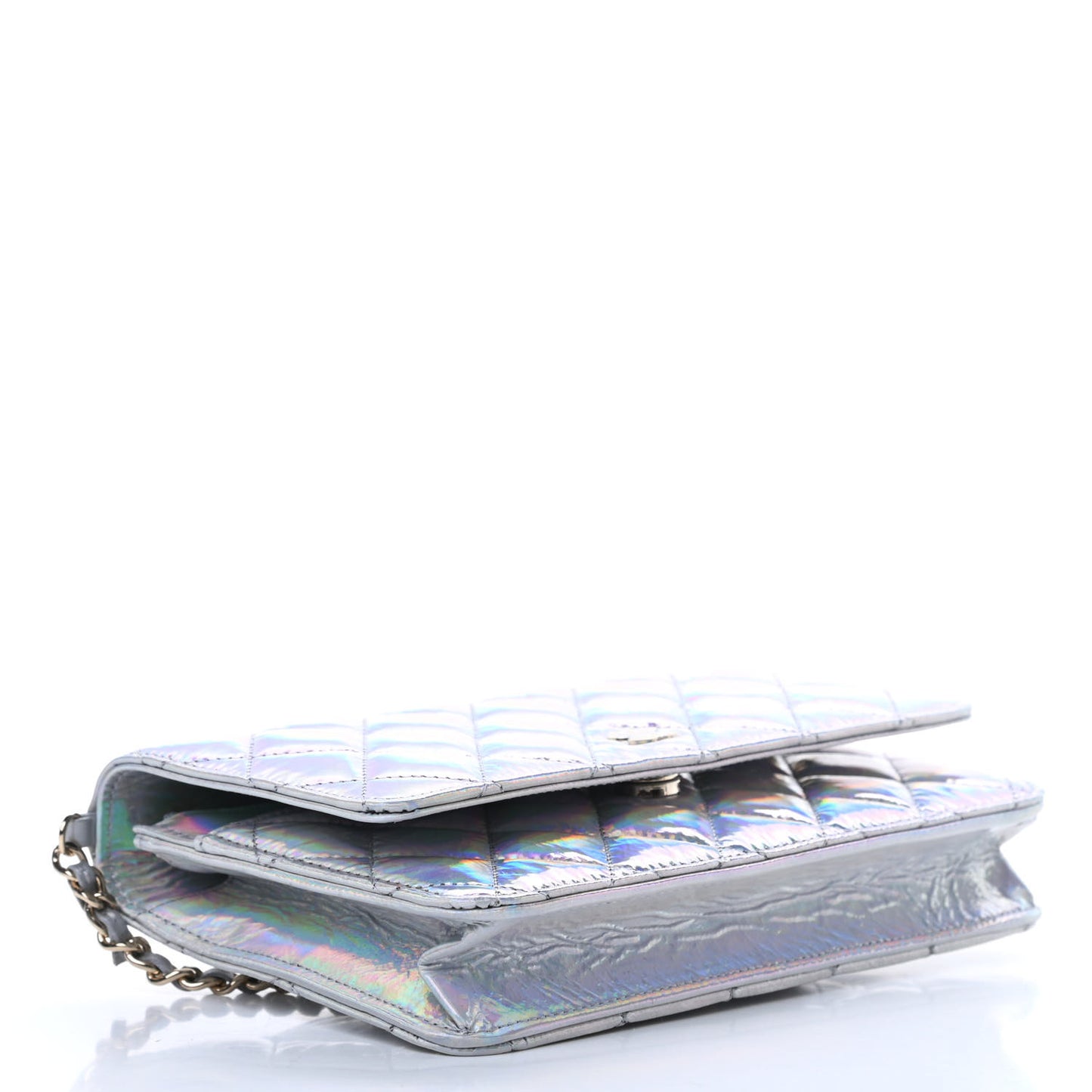 Iridescent Goatskin Quilted Wallet On Chain WOC Silver