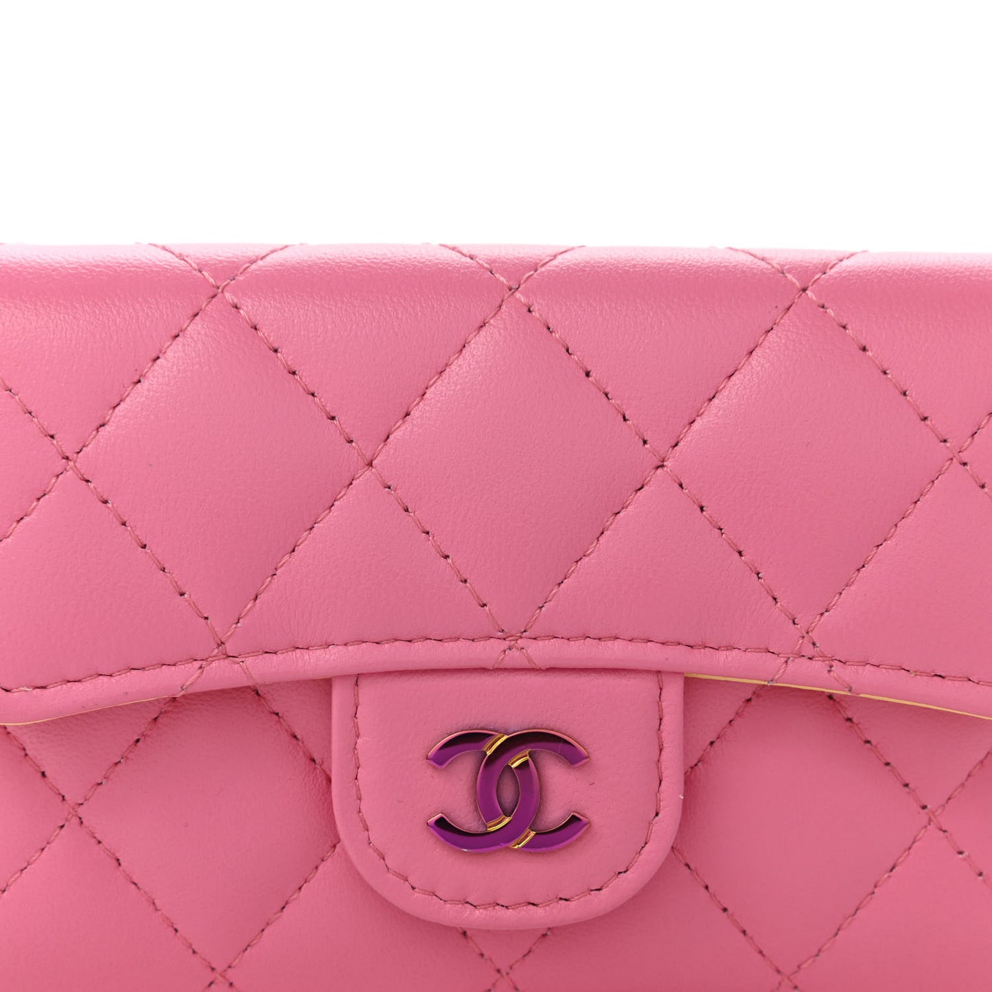 Lambskin Quilted Flap Card Holder Wallet Pink Yellow