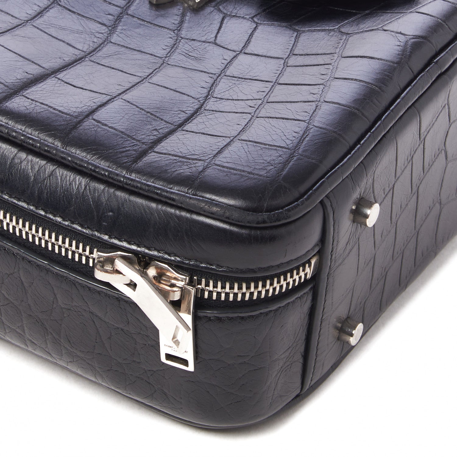 Saint Laurent Calfskin Crocodile Embossed Monogram Lunch Box Bag Black 5 of 8