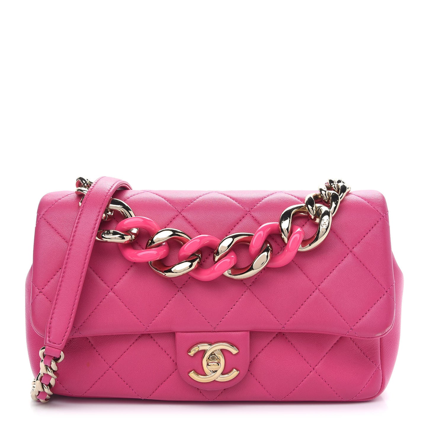 Lambskin Quilted Resin Bi-Color Chain Flap Bag Pink