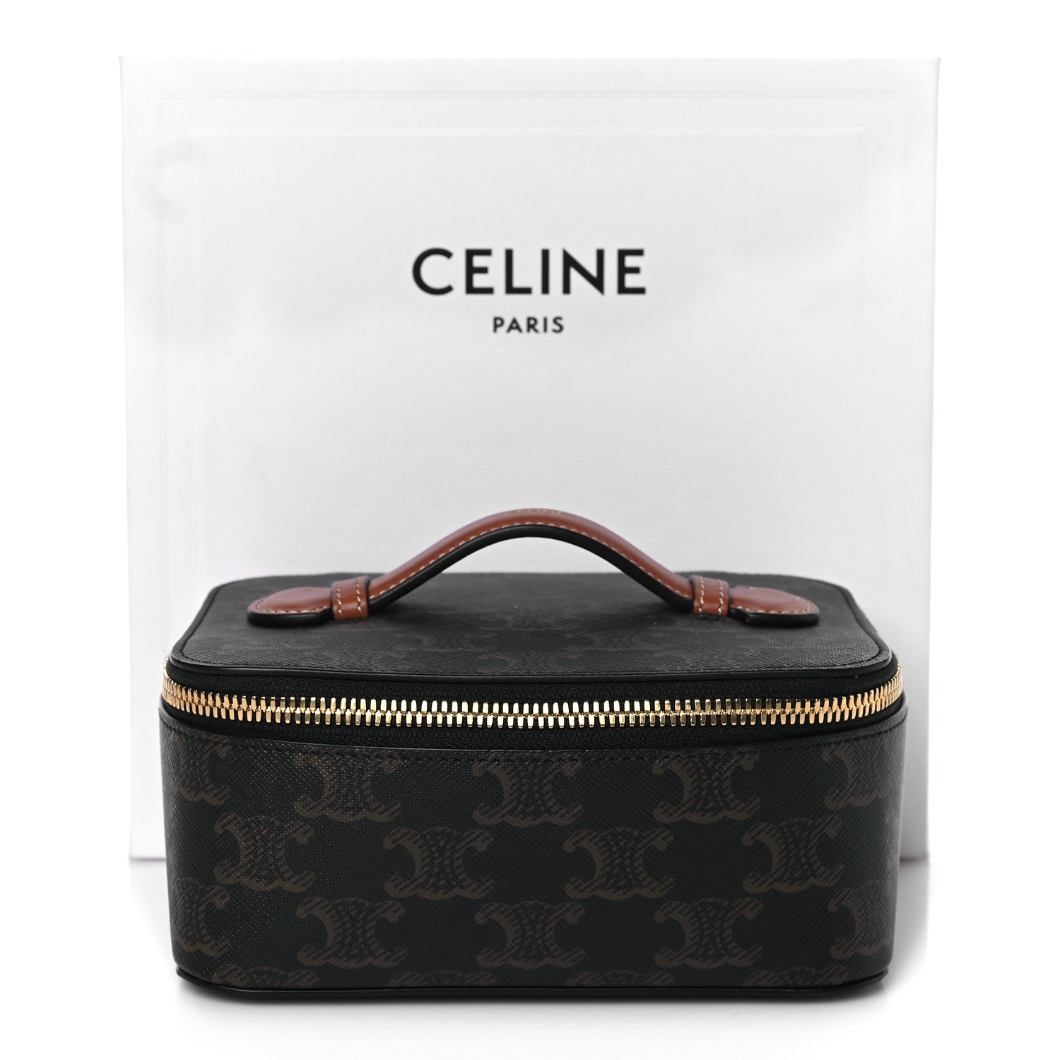 Celine Triomphe Canvas Calfskin Small Top Handle Toiletry Case Tan