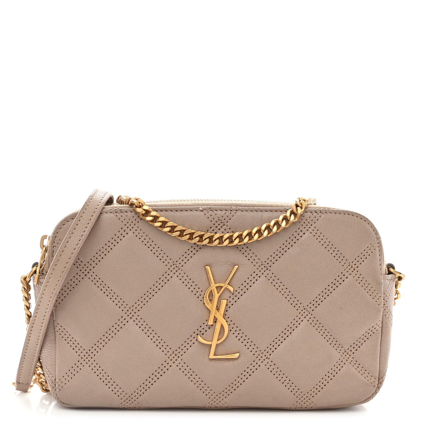 SAINT LAURENT Grained Lambskin Quilted Mini Becky Double Zip Bag Natural Tan