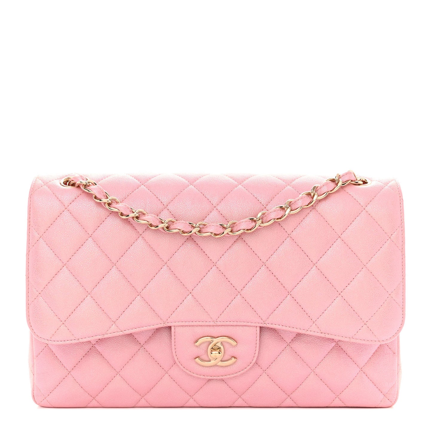Iridescent Caviar Quilted Jumbo Double Flap Rose Pink