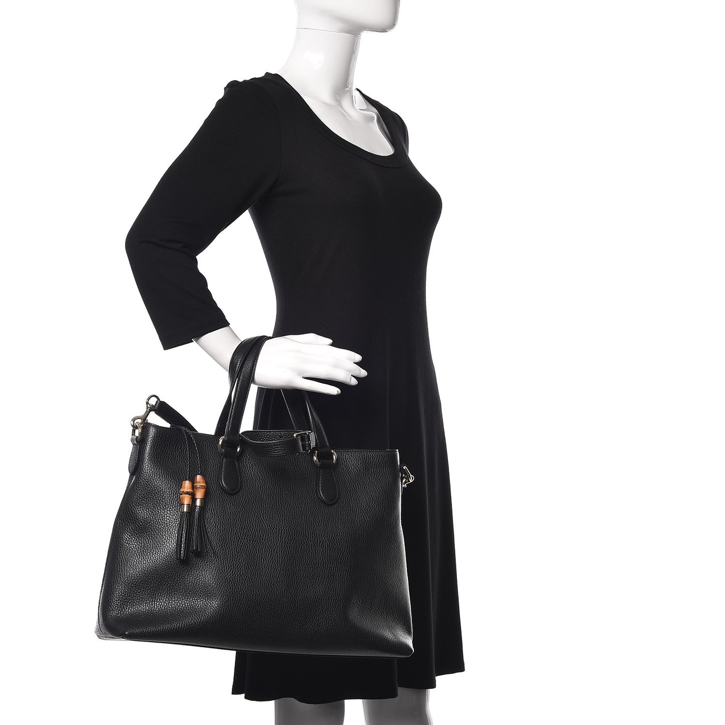 Pebbled Calfskin Convertible Bamboo Tassel Tote Black