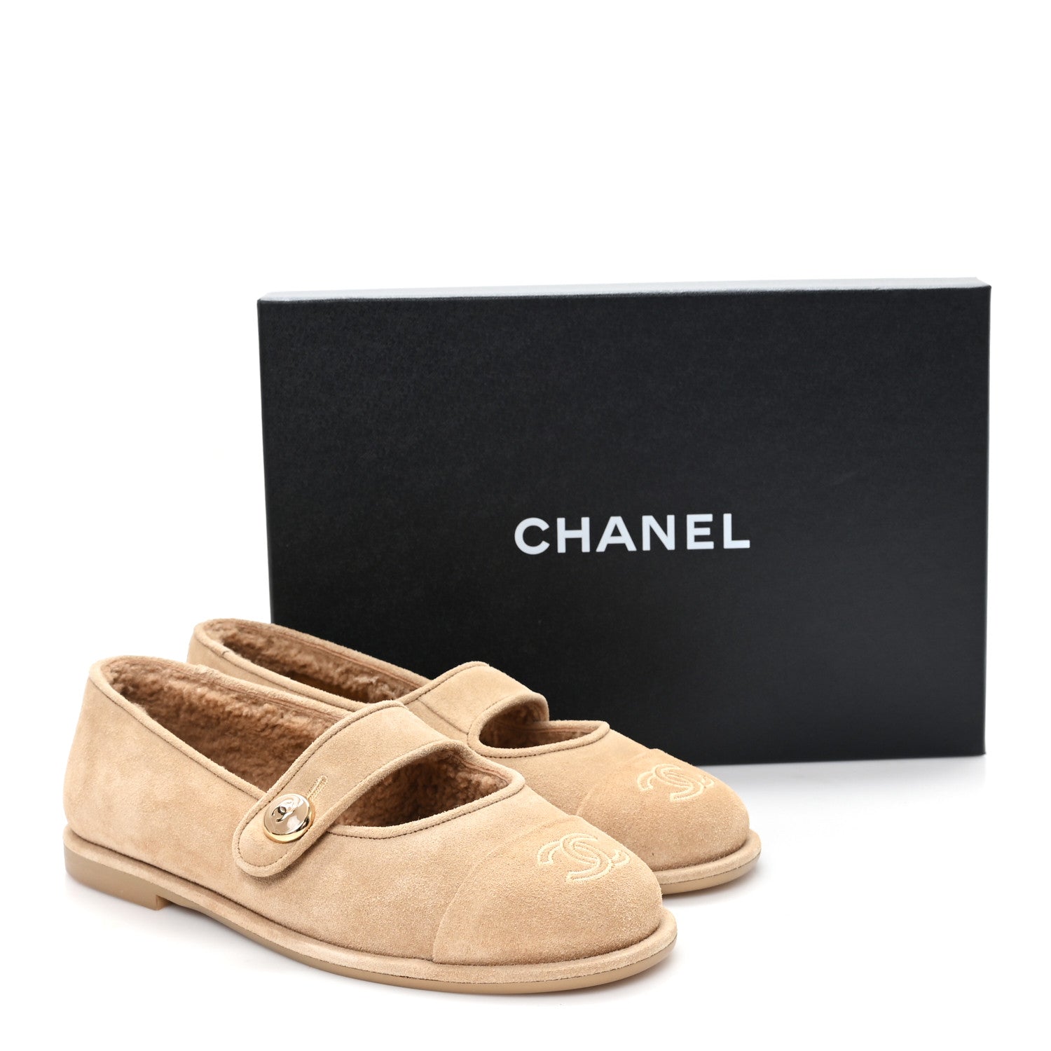 Chanel Suede Shearling Mary Jane Flats 36.5 Beige 9 of 9