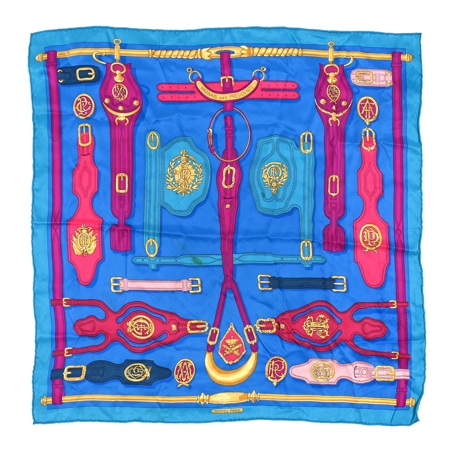 Hermes Silk Harnais Des Presidents Scarf Bleu Vert Orange 1 of 4