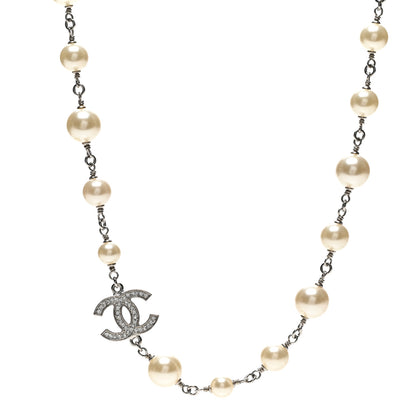 Chanel Crystal Pearl CC Long Necklace Silver 1 of 6