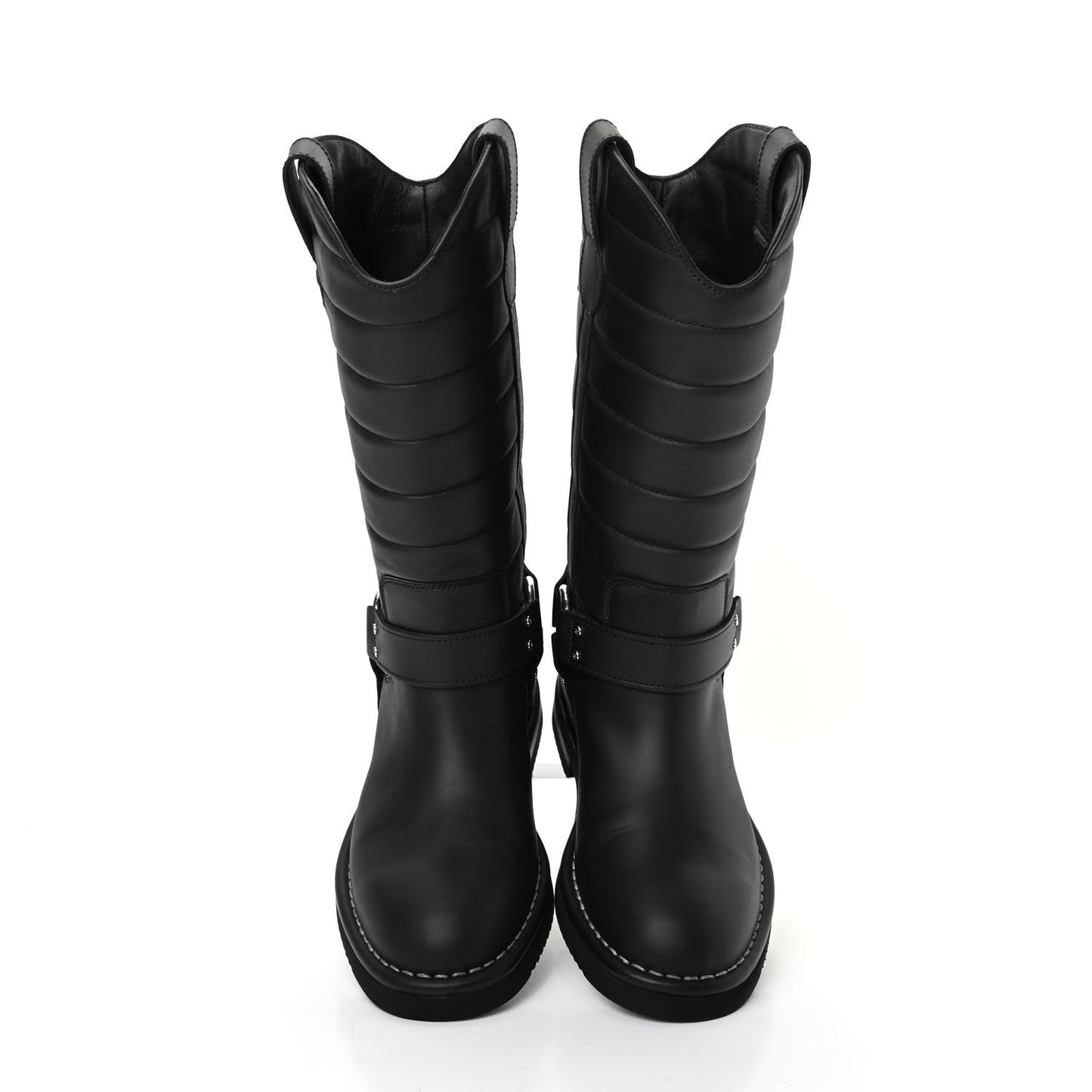 Oily Calfskin Star Quilted Biker Boots 36.5 Black