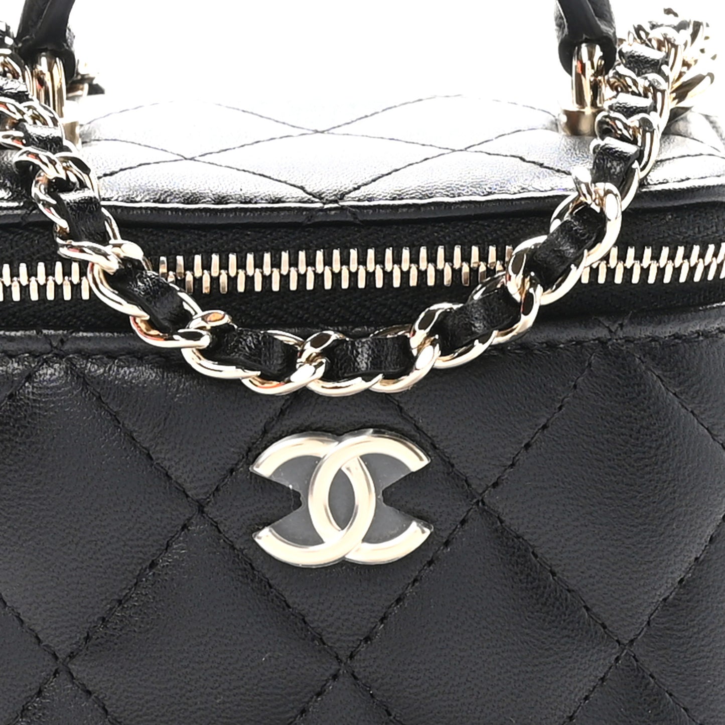 Lambskin Quilted Top Handle Mini Vanity Case With Chain Black