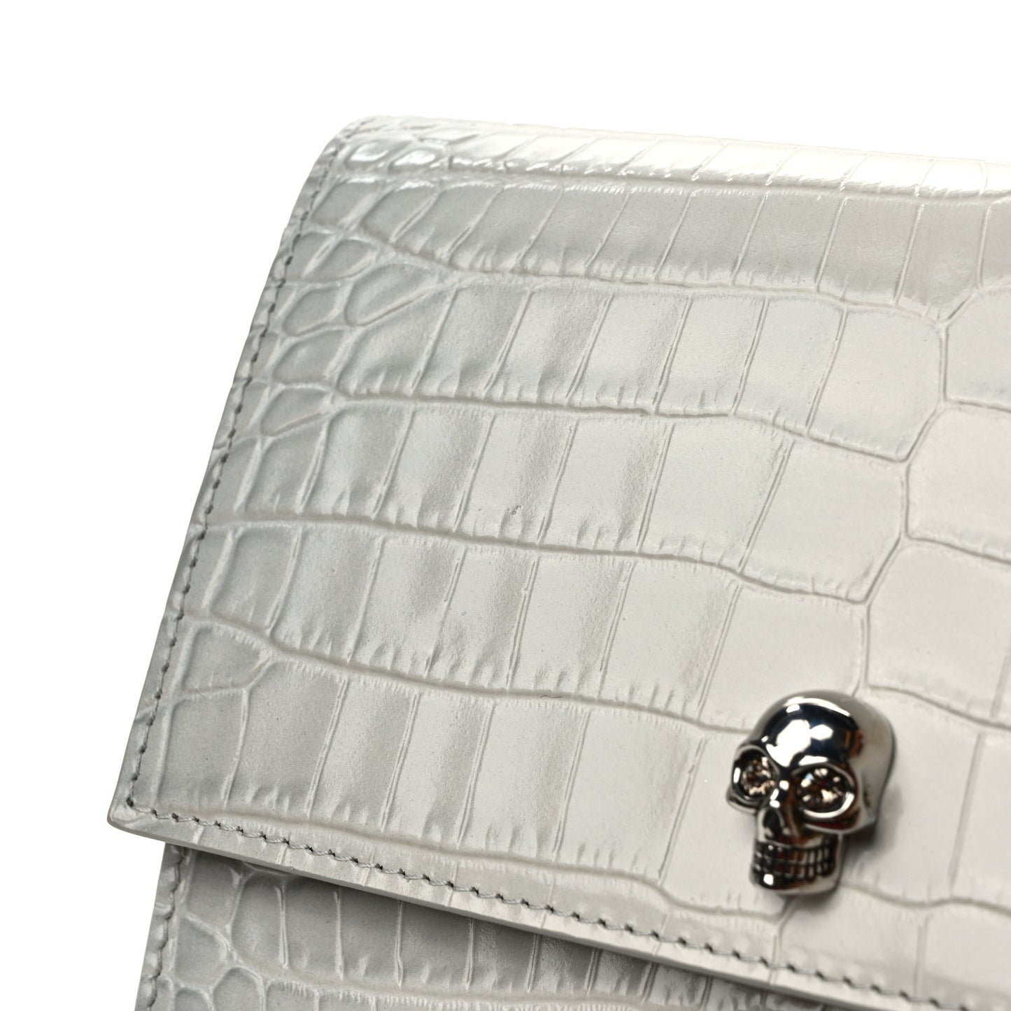 Calfskin Crocodile Embossed Skull Mini Crossbody Bag White