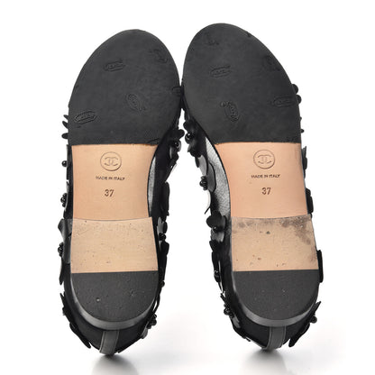 Chanel Canvas Lambskin Beaded Camellia Cap Toe Ballerina Flats 37 Black 6 of 9