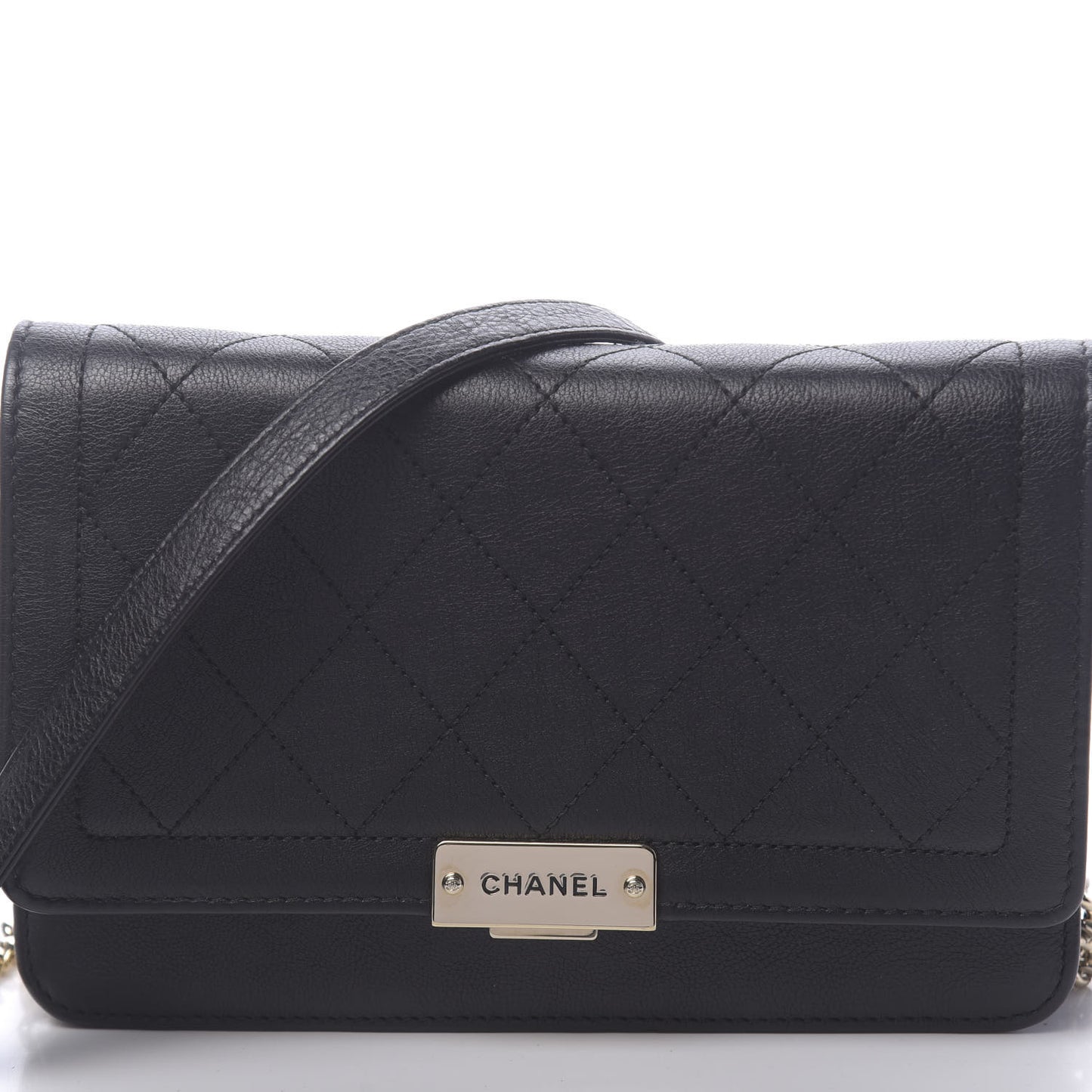 Grained Calfskin Quilted Label Click Flap Wallet On Chain WOC Black