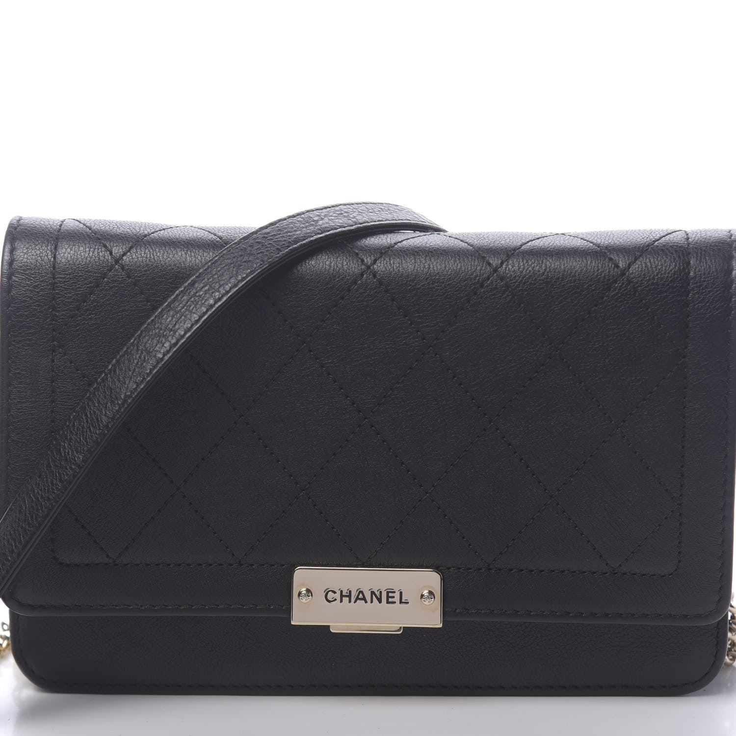 Chanel Grained Calfskin Quilted Label Click Flap Wallet On Chain WOC Black 14 of 14