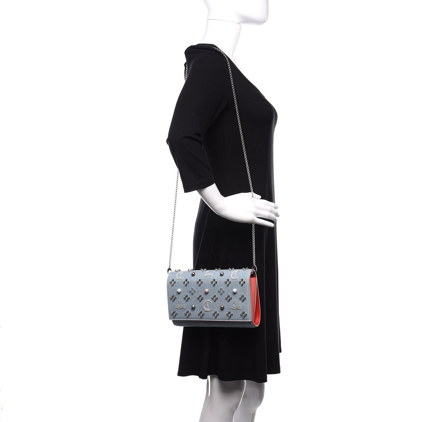 Denim Calfskin Patent Pearl Spikes Loubinthesky Paloma Clutch Paloma Blue