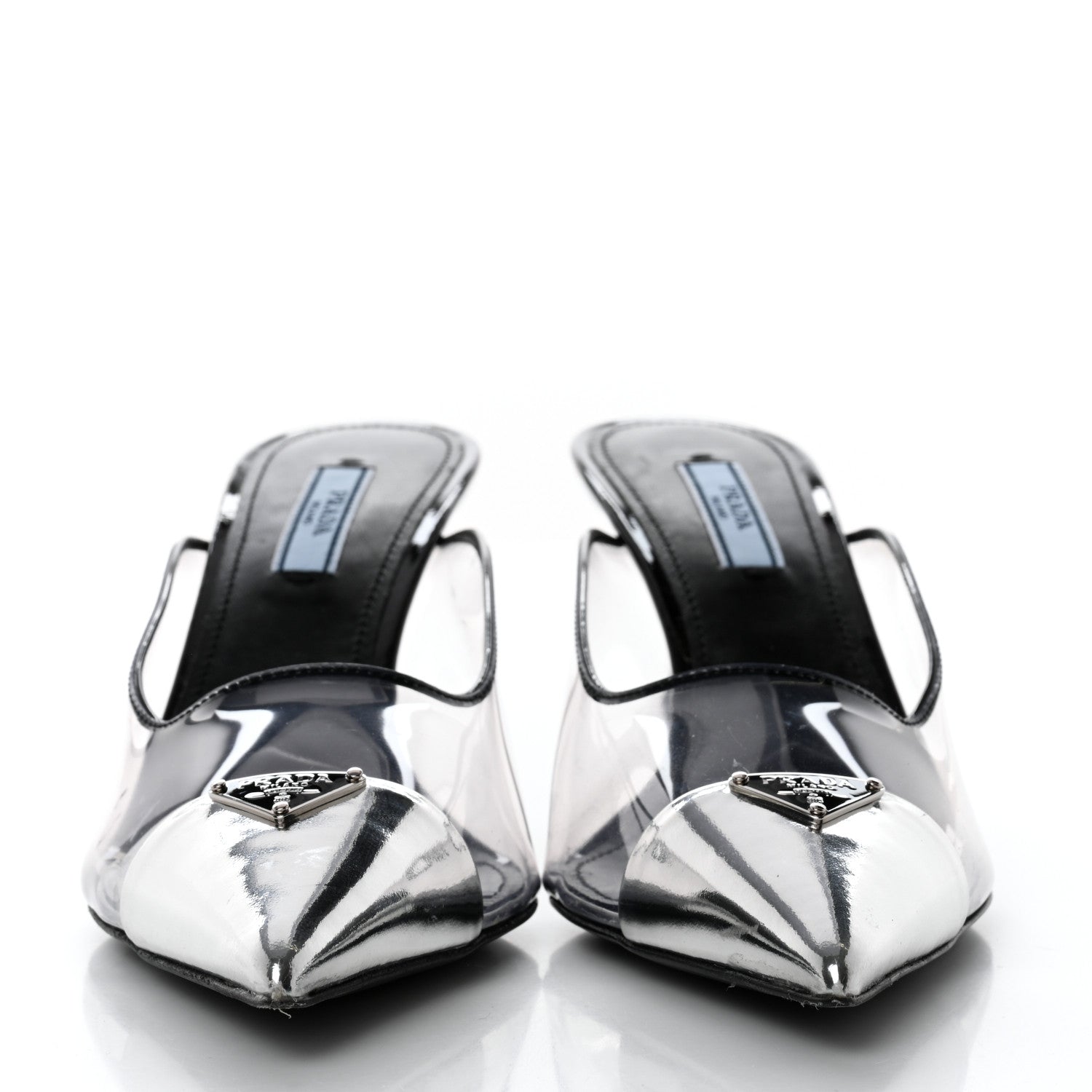 Prada Plexiglass Vernice Metal Triangle Logo Modellerie 75mm Mules 37 Black 2 of 9