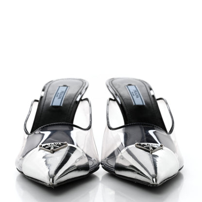 Prada Plexiglass Vernice Metal Triangle Logo Modellerie 75mm Mules 37 Black 2 of 9