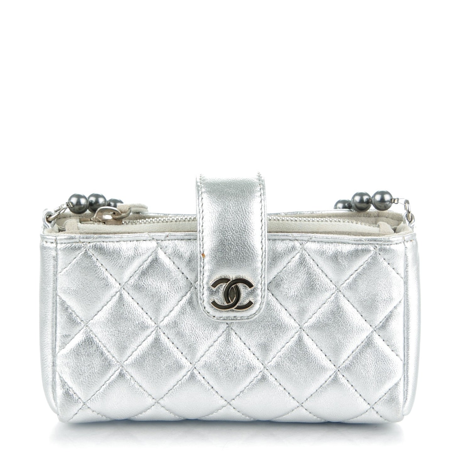 Metallic Lambskin Quilted Pearl Chain Mini Love Symbols Bag Silver
