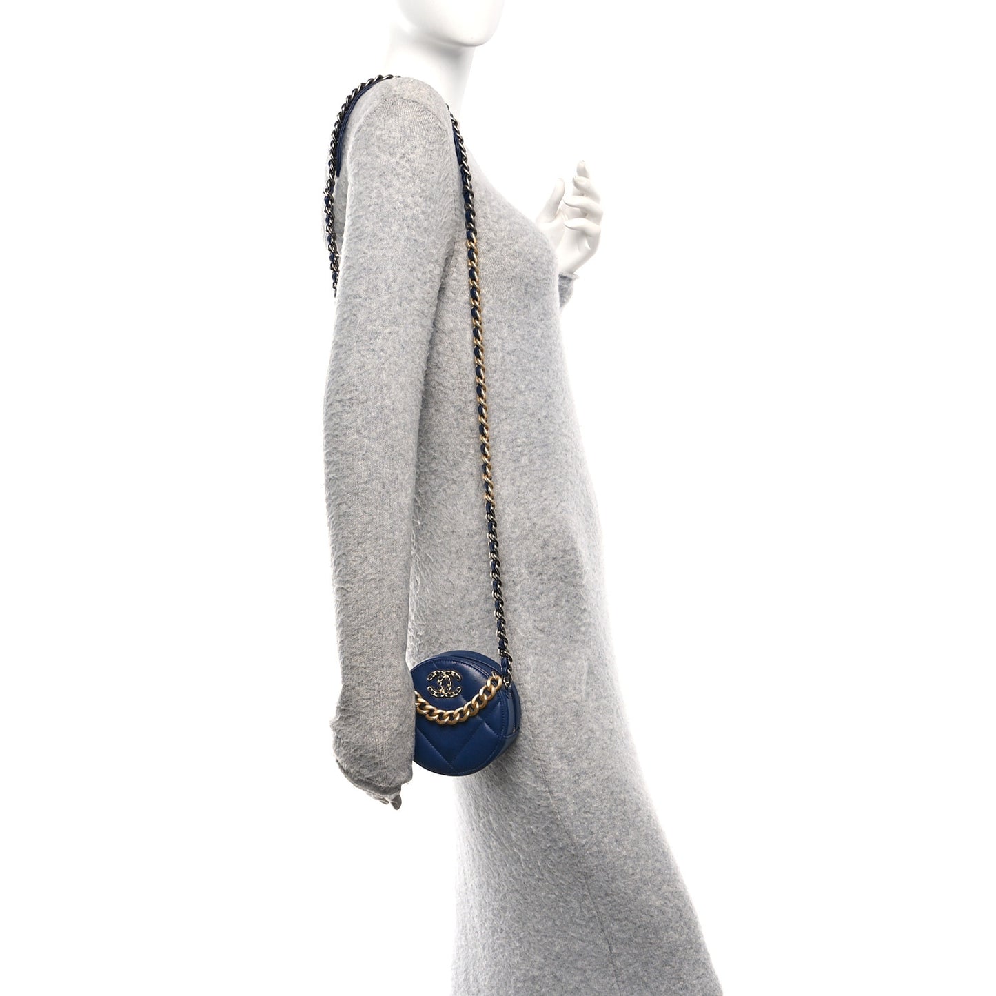 Lambskin Quilted Chanel 19 Round Clutch With Chain  Navy