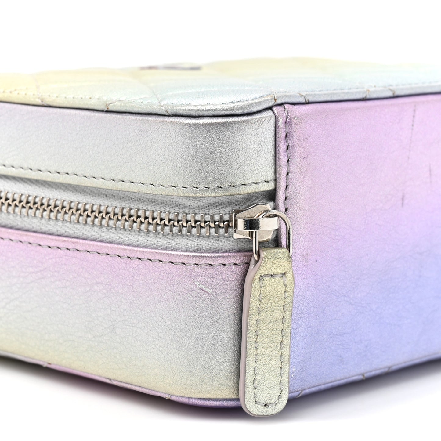 Gradient Metallic Calfskin Quilted Camera Bag Silver Blue Yellow Purple