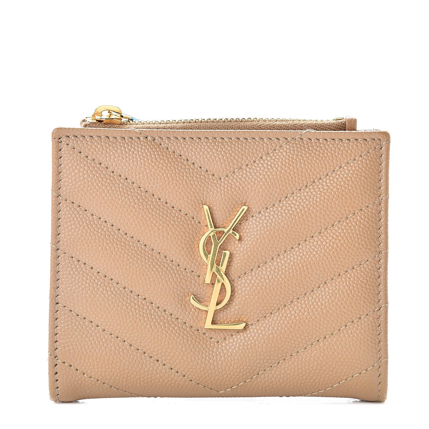 Saint Laurent Grain De Poudre Matelasse Chevron Monogram Zipped Card Case Deep Beige 1 of 8