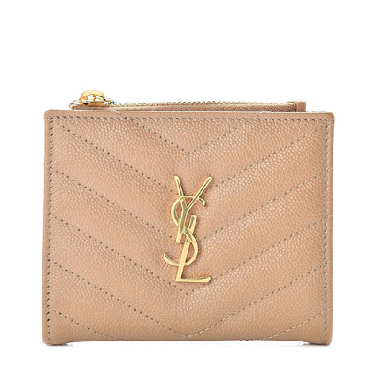 Saint Laurent Grain De Poudre Matelasse Chevron Monogram Zipped Card Case Deep Beige 1 of 8