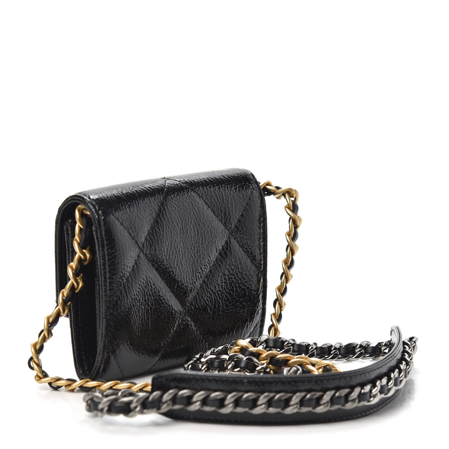 Shiny Crumpled Calfskin Quilted Chanel 19 Flap Coin Purse With Chain Black