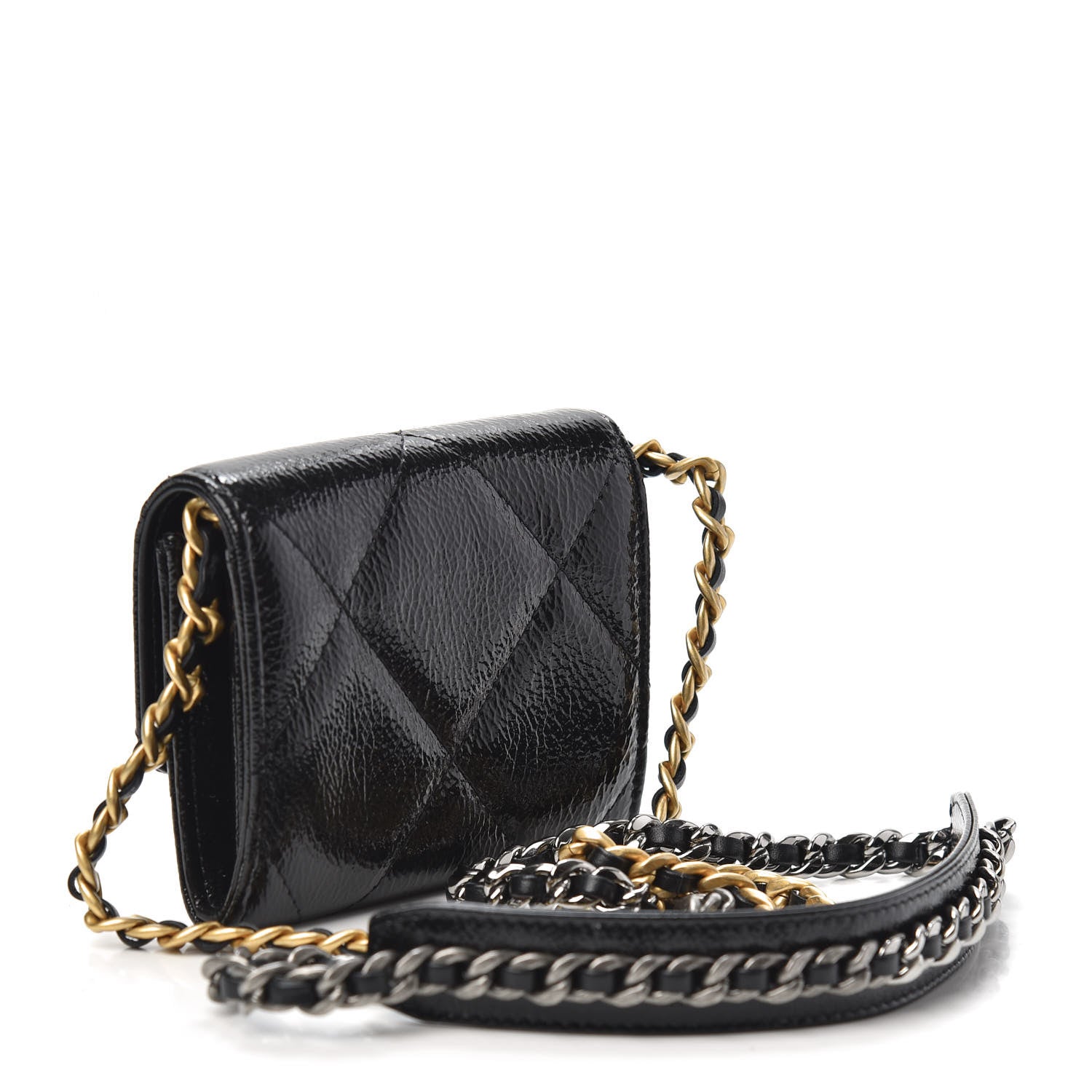 Chanel Shiny Crumpled Calfskin Quilted Chanel 19 Flap Coin Purse With Chain Black 3 of 10