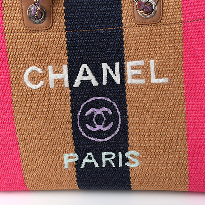 Chanel Straw Raffia Calfskin Striped Medium Deauville Tote Dark Beige Fuchsia Navy Blue 9 of 10