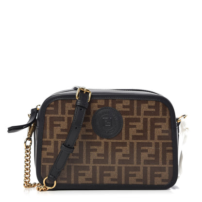 Fendi Glazed Fabric Vitello Century FF 1974 Stamp Patch Camera Case Mogano Panna Black 1 of 9