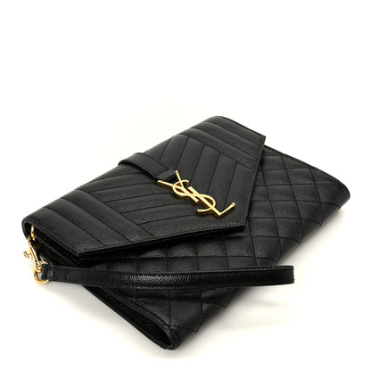 Saint Laurent Grain De Poudre Textured Mixed Matelasse Triquilt Monogram Clutch Black 4 of 9