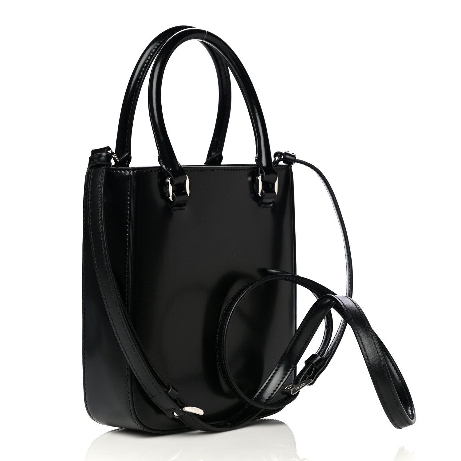 Prada Spazzolato Triangle Small Double Handle Crossbody Tote Black 4 of 14