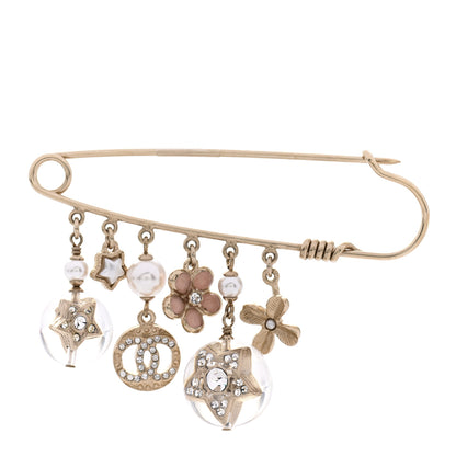 Chanel Pearl Crystal Resin CC Charms Safety Pin Brooch Gold 1 of 4