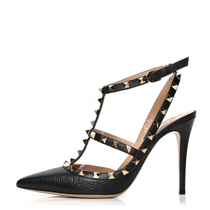 Valentino Garavani Pebbled Calfskin Rockstud Ankle Strap 100mm Pumps 38.5 Black 1 of 8