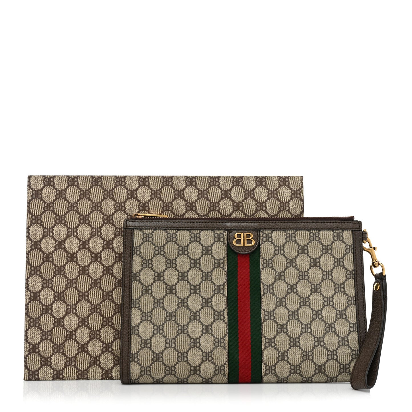 X BALENCIAGA BB Supreme Monogram Web Ophidia Wristlet Beige New Acero
