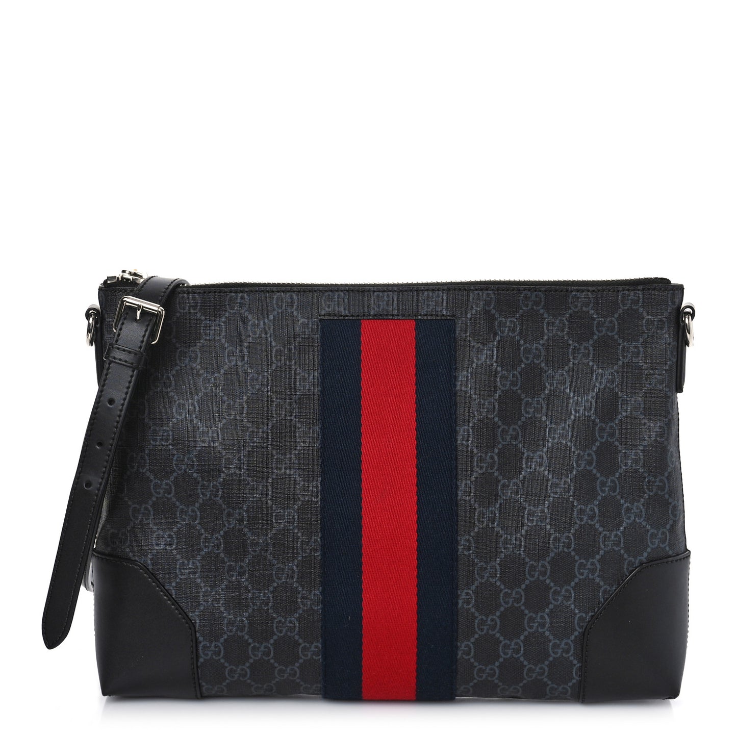 Soft GG Supreme Monogram Appia Calfskin Web East West Messenger Bag Black Grey