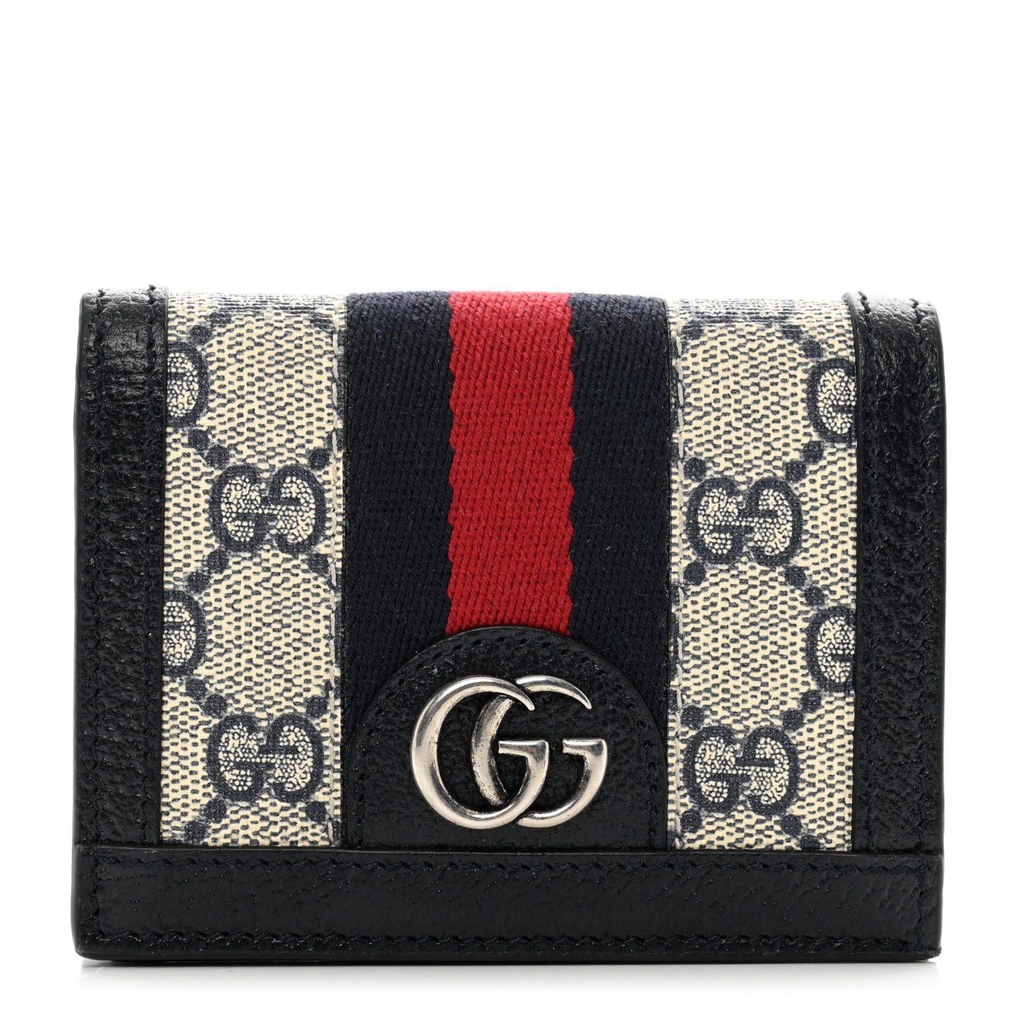 GG Supreme Monogram Textured Dollar Calfskin Web Ophidia Card Case Beige Blue
